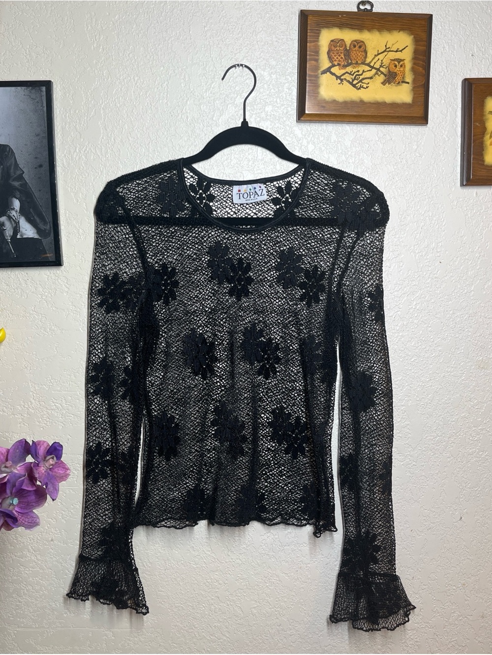 Women’s Black Floral Mesh Long-Sleeve Top